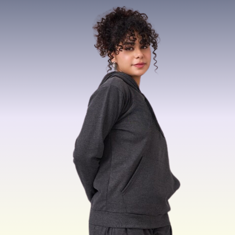 Unisex fleece lined hoodie top with full sleeves & kangaroo pocket in Charcoal Grey color