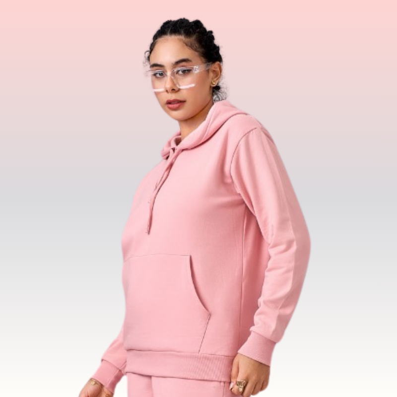 Unisex fleece lined hoodie top with full sleeves & kangaroo pocket in Peach color
